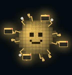 Adware: a pixel-grid smiley with orbiting pop-up windows