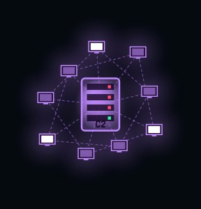 Botnet: purple infected monitors wired to a central C2 server tower