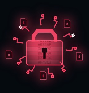 Ransomware: a red padlock ringed by encrypted files marked with dollar signs