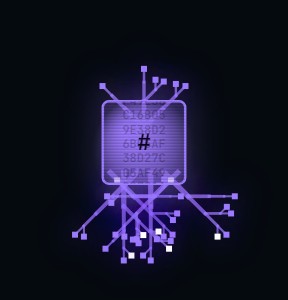 Rootkit: a violet implanted chip with circuit traces burrowing downward