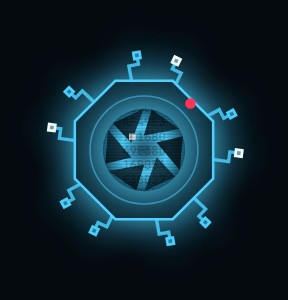Spyware: a blue octagonal spy camera with an aperture lens and a red recording light