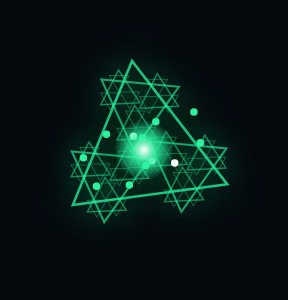 Synthetic: a green fractal of triangles with glowing neural nodes