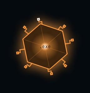 Trojan: an orange faceted shell with an .exe payload glowing inside