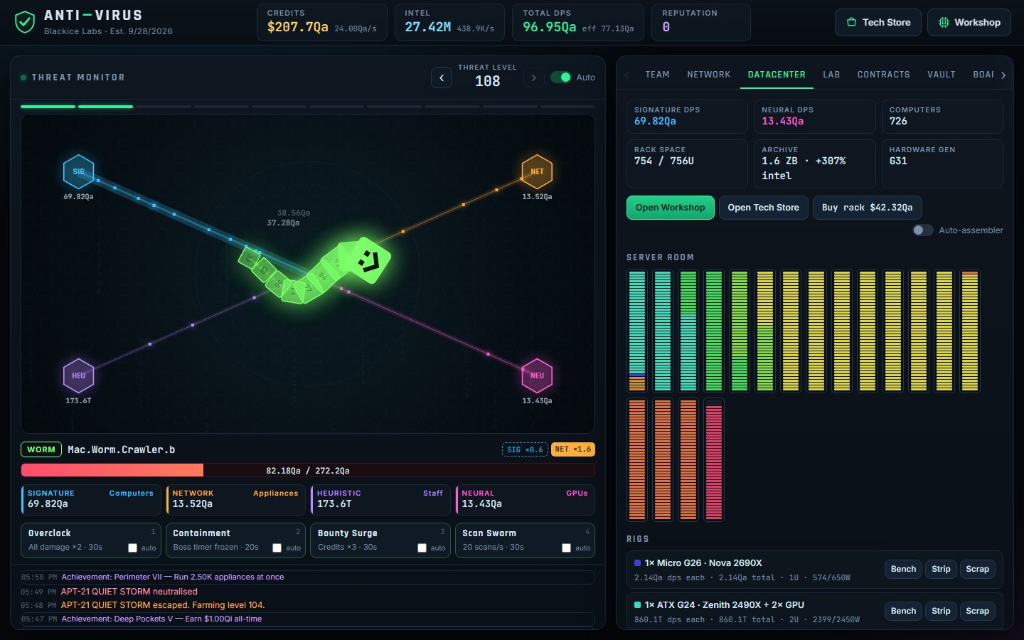 The Datacenter tab: seventeen racks filled with rigs coloured by hardware generation