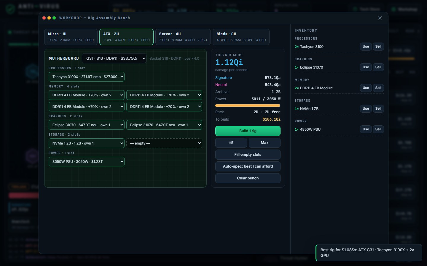The Workshop: an ATX motherboard with CPU, memory, GPU, storage and power slots filled, and a readout of damage, power draw and rack space