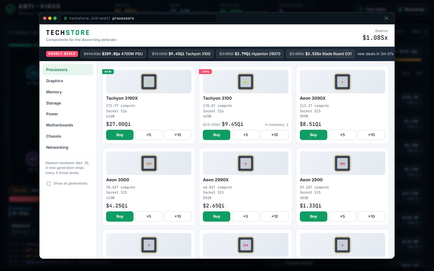 The Tech Store window: a light storefront listing processors with prices, deals and buy buttons