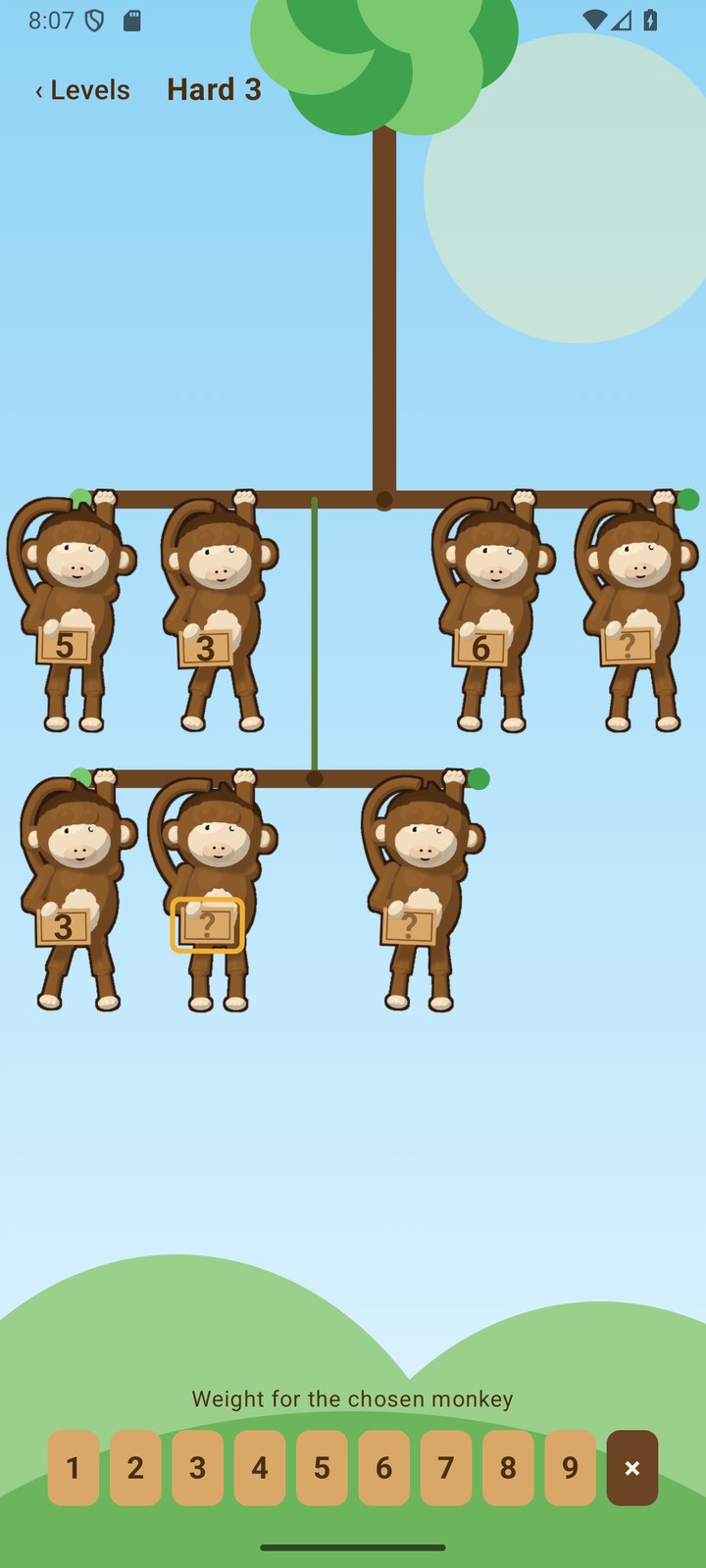 A hard level: seven monkeys on two branches, one blank sign selected, with the number pad below