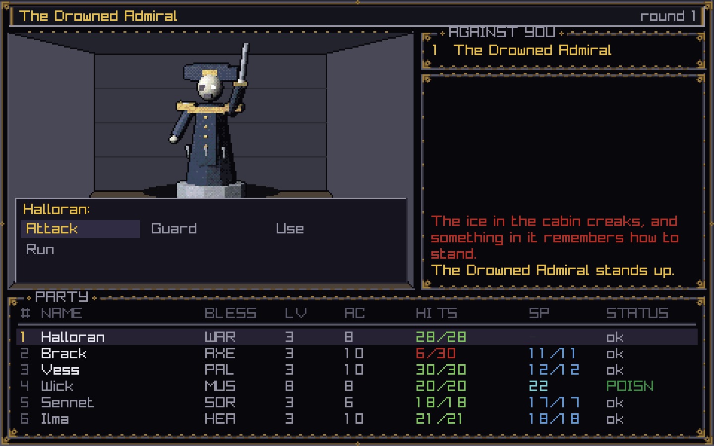 The Drowned Admiral, a skeleton in a navy coat and bicorne with a cutlass raised, standing in ice