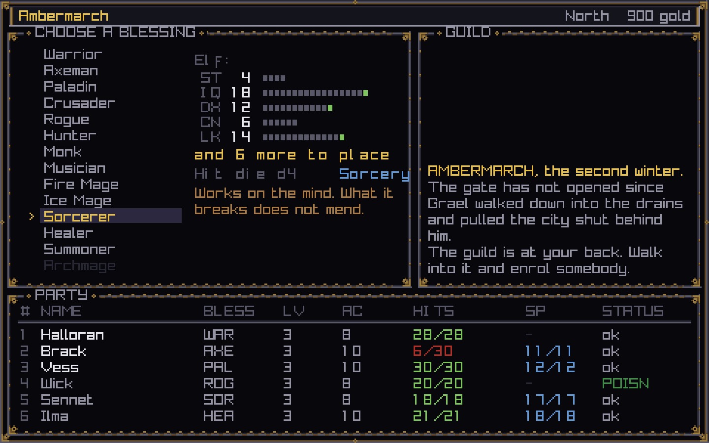 The blessing selection screen listing fourteen blessings with an elf sorcerer's stats