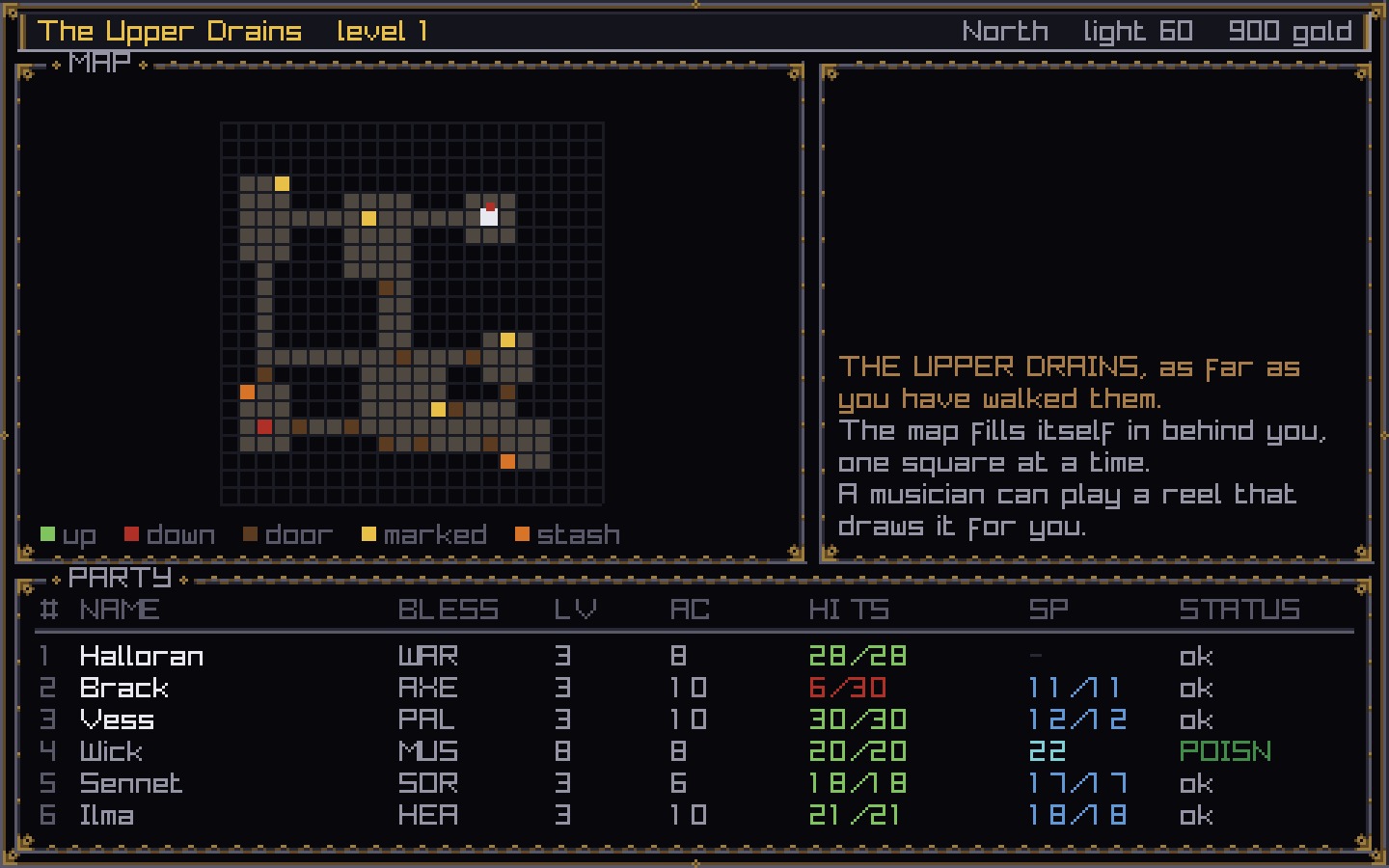 The automap showing explored corridors and rooms of the Upper Drains
