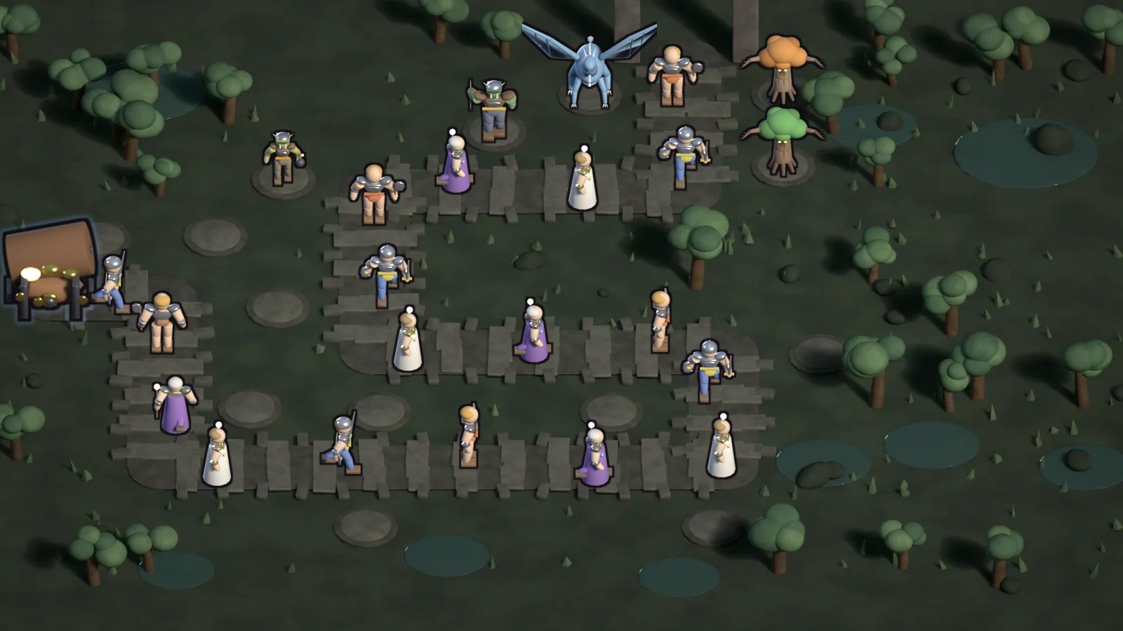 A frost wyrm and thorn elders guard a causeway through dark swamp water