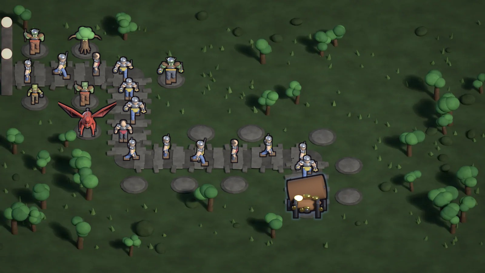 Adventurers marching along a stone forest path while orc archers, a treant and a red dragon wait beside the road