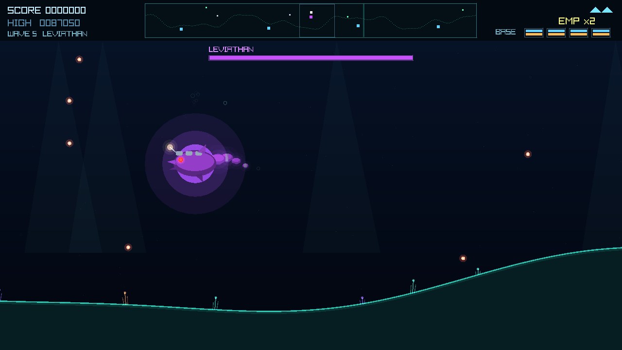 The Leviathan boss: a huge armored biomech serpent glowing violet, ringed by its own bullets