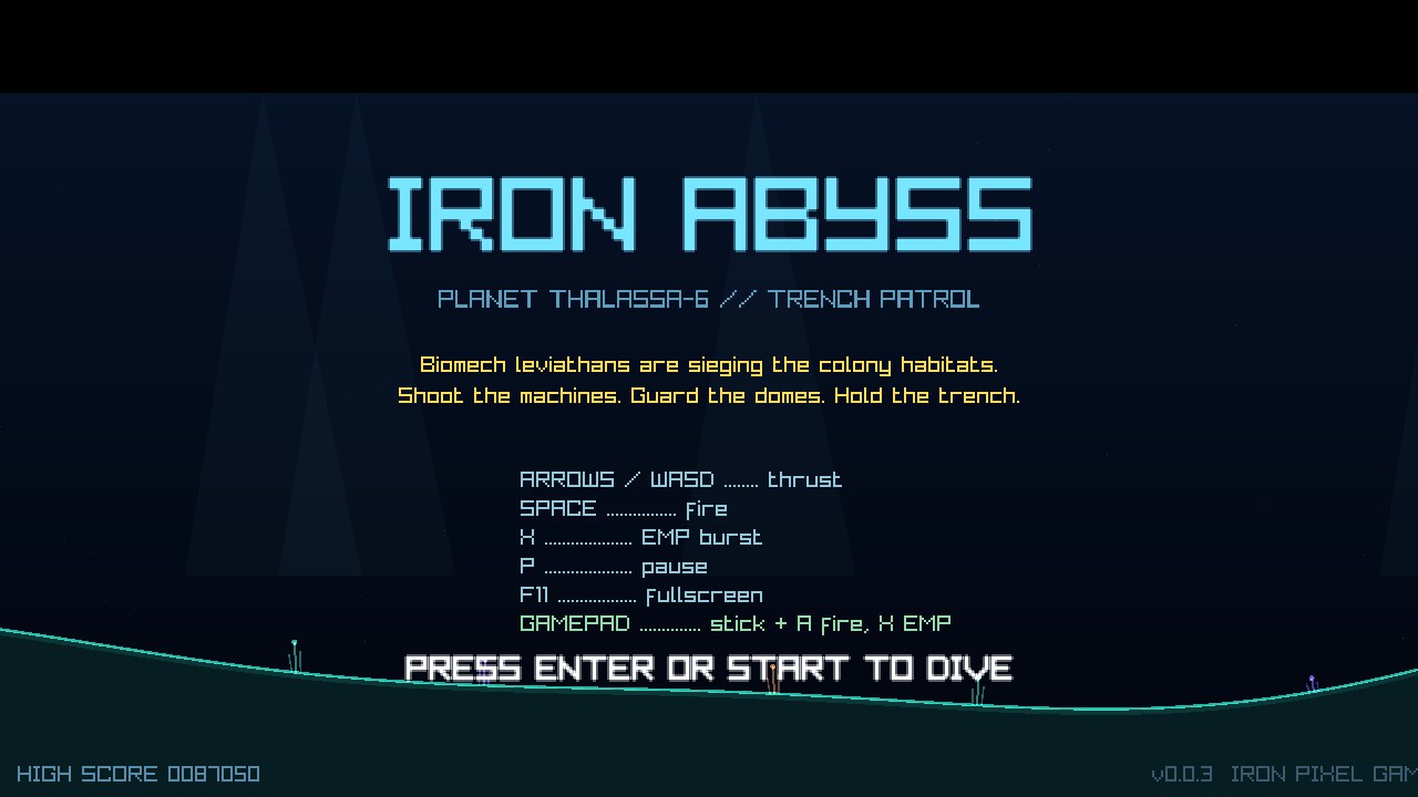 The Iron Abyss title screen over the glowing trench floor