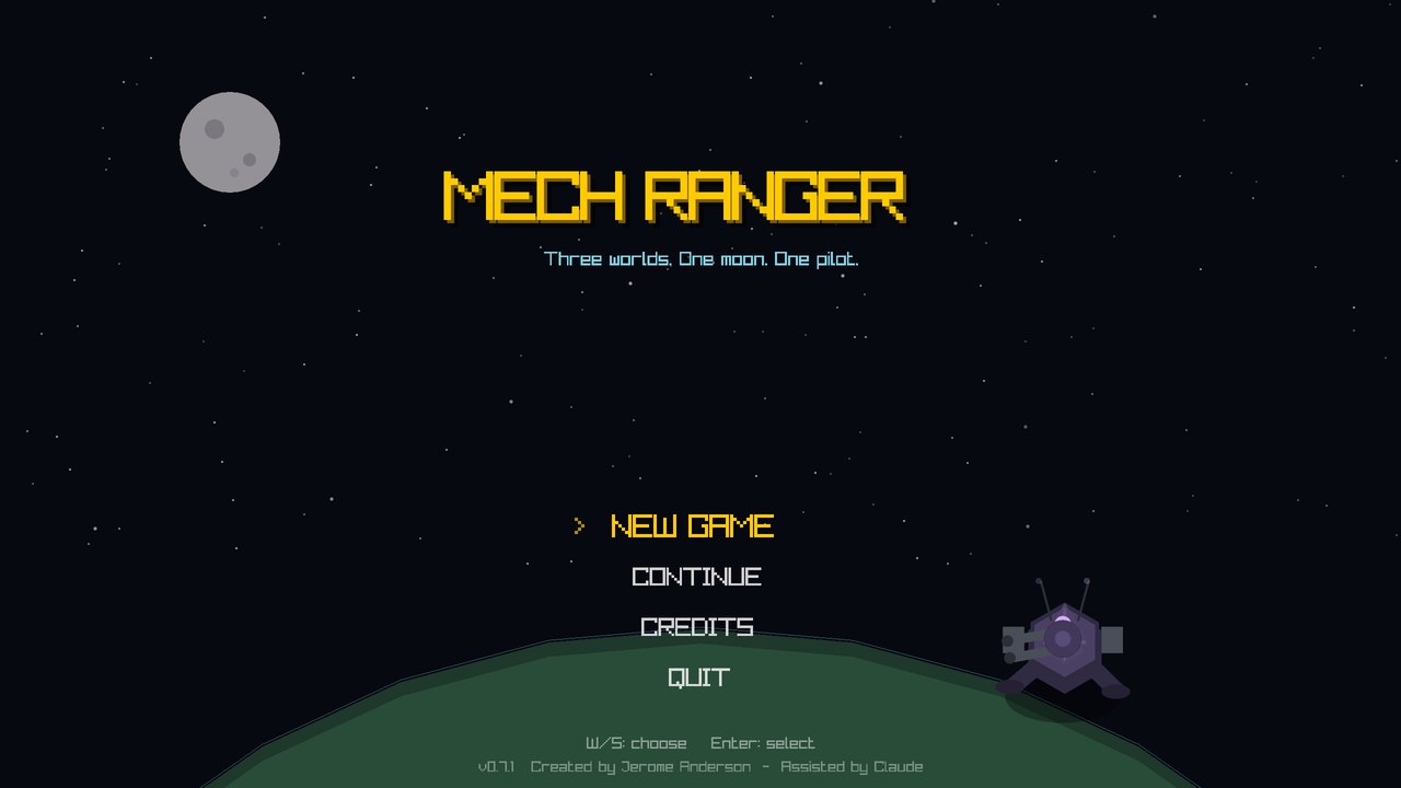 The Mech Ranger title screen: a mech strides a planet horizon under the stars