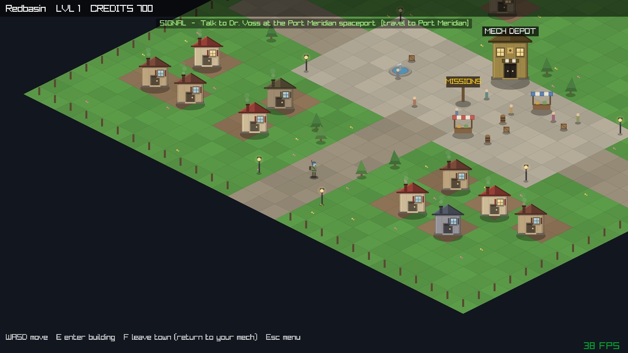 The town of Redbasin: gabled cottages with chimney smoke, market stalls and the mission board