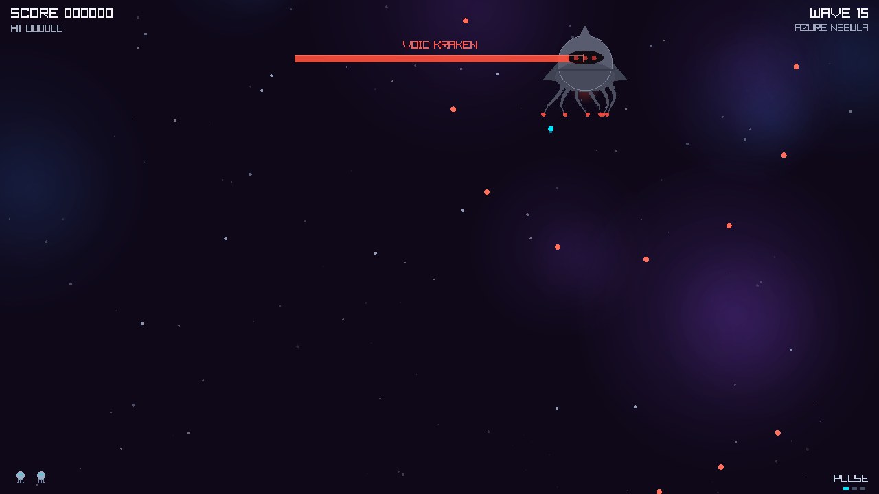 The Void Kraken boss holding the top of the screen over a violet nebula, raining bullets
