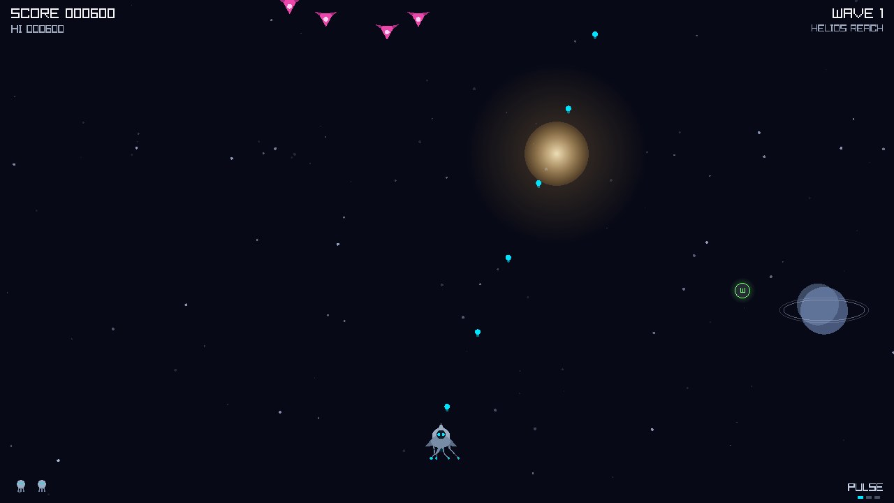 Wave 1 in an open star system, a drone wedge descending past a distant sun and ringed planet
