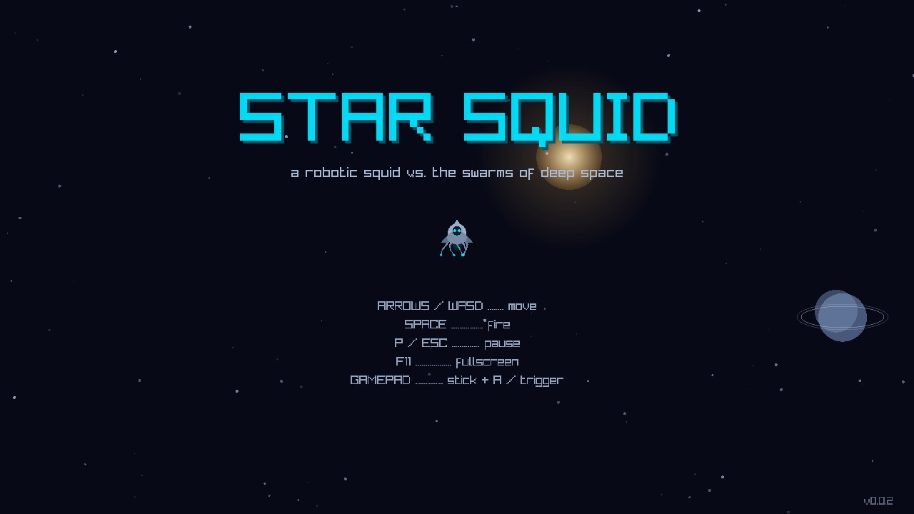 The Star Squid title screen: the robotic squid under the game logo in deep space