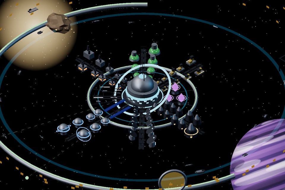 A Starbase station drawn in 3D: modules around an asteroid