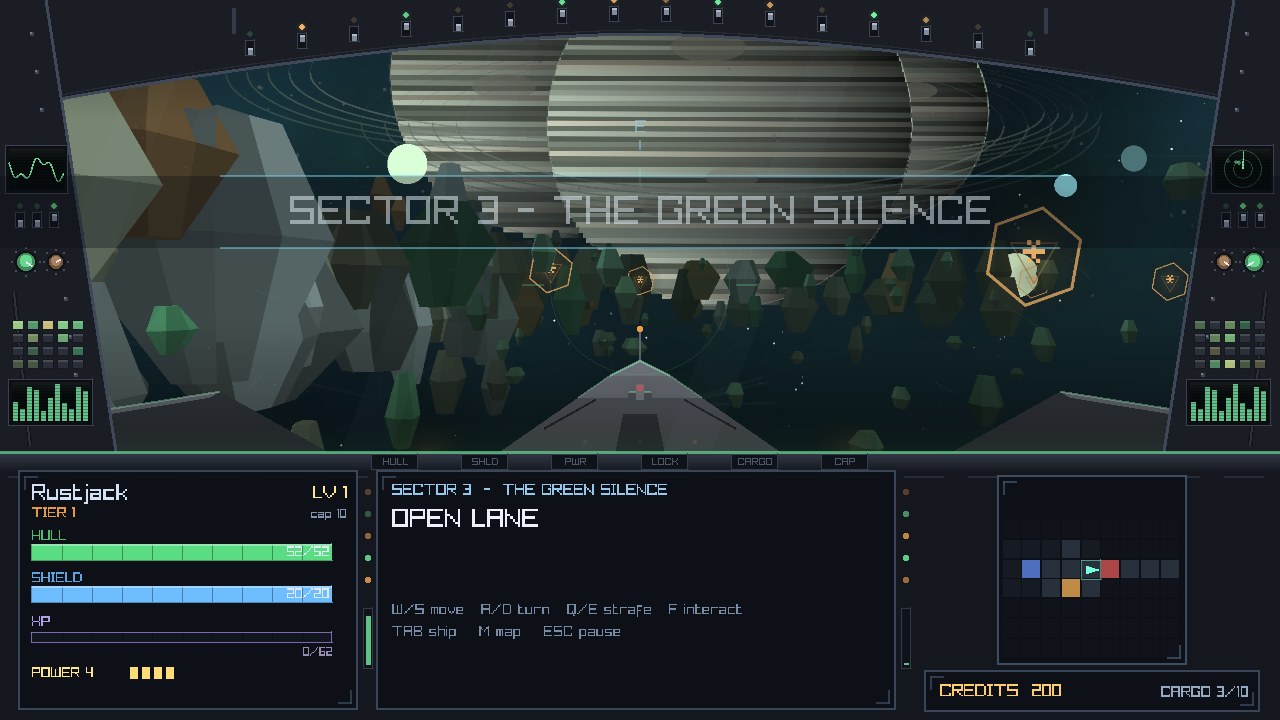 The cockpit view in Sector 3: drifted wreckage and rock in an open lane, a ringed planet filling the sky