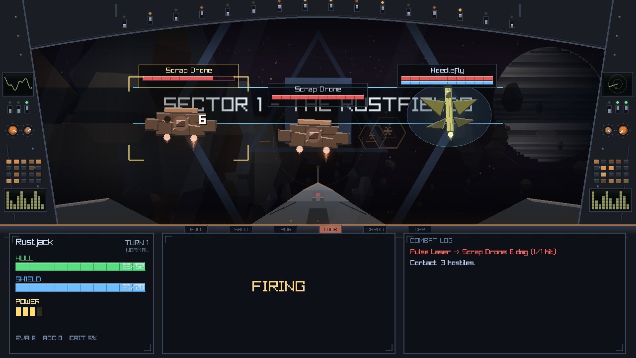 Turn-based combat: three hostiles marked with health bars while the pulse laser fires