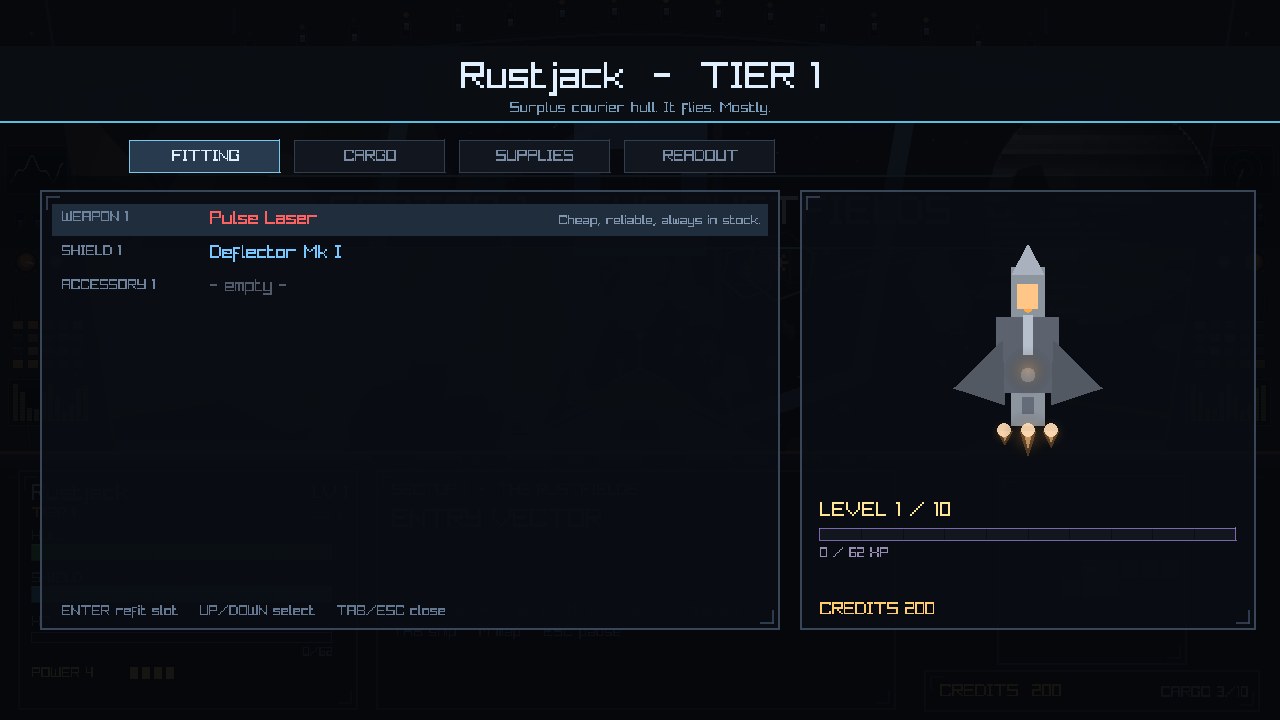 The ship screen: fitting a Pulse Laser and Deflector Mk I to the tier-1 Rustjack