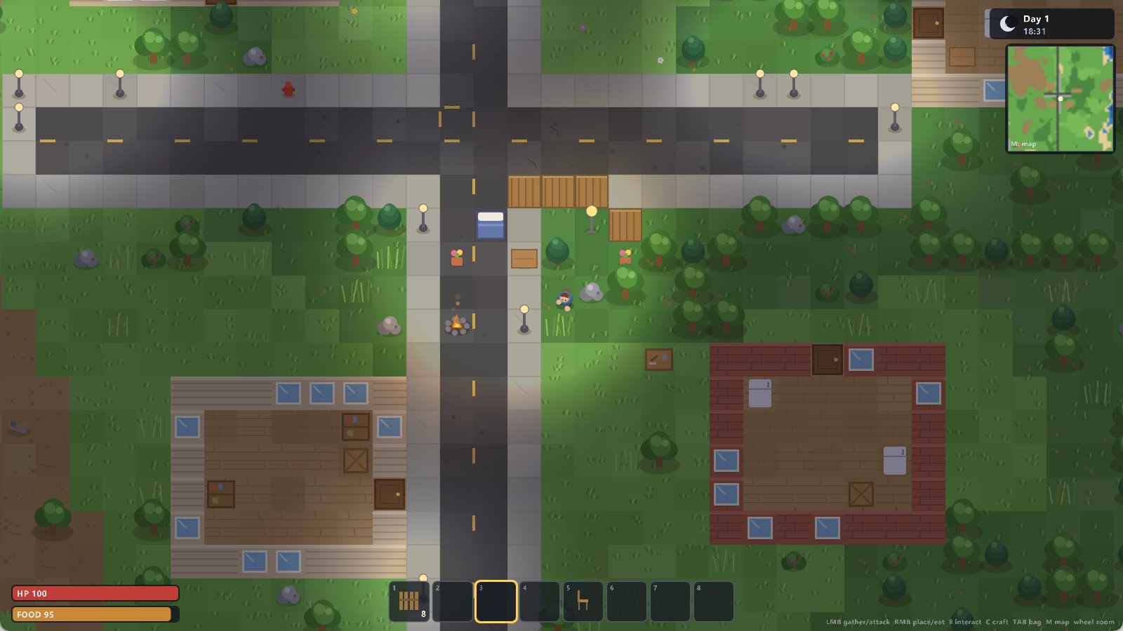 A roadside survivor camp at dusk: placed walls, a bed and a burning campfire