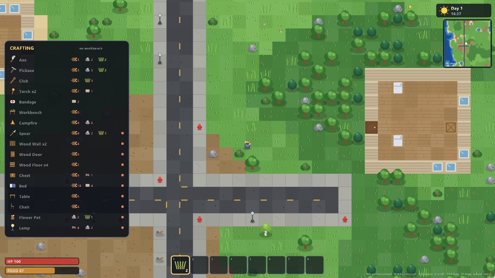 The crafting menu: tools, weapons, walls, furniture and decorations with material costs