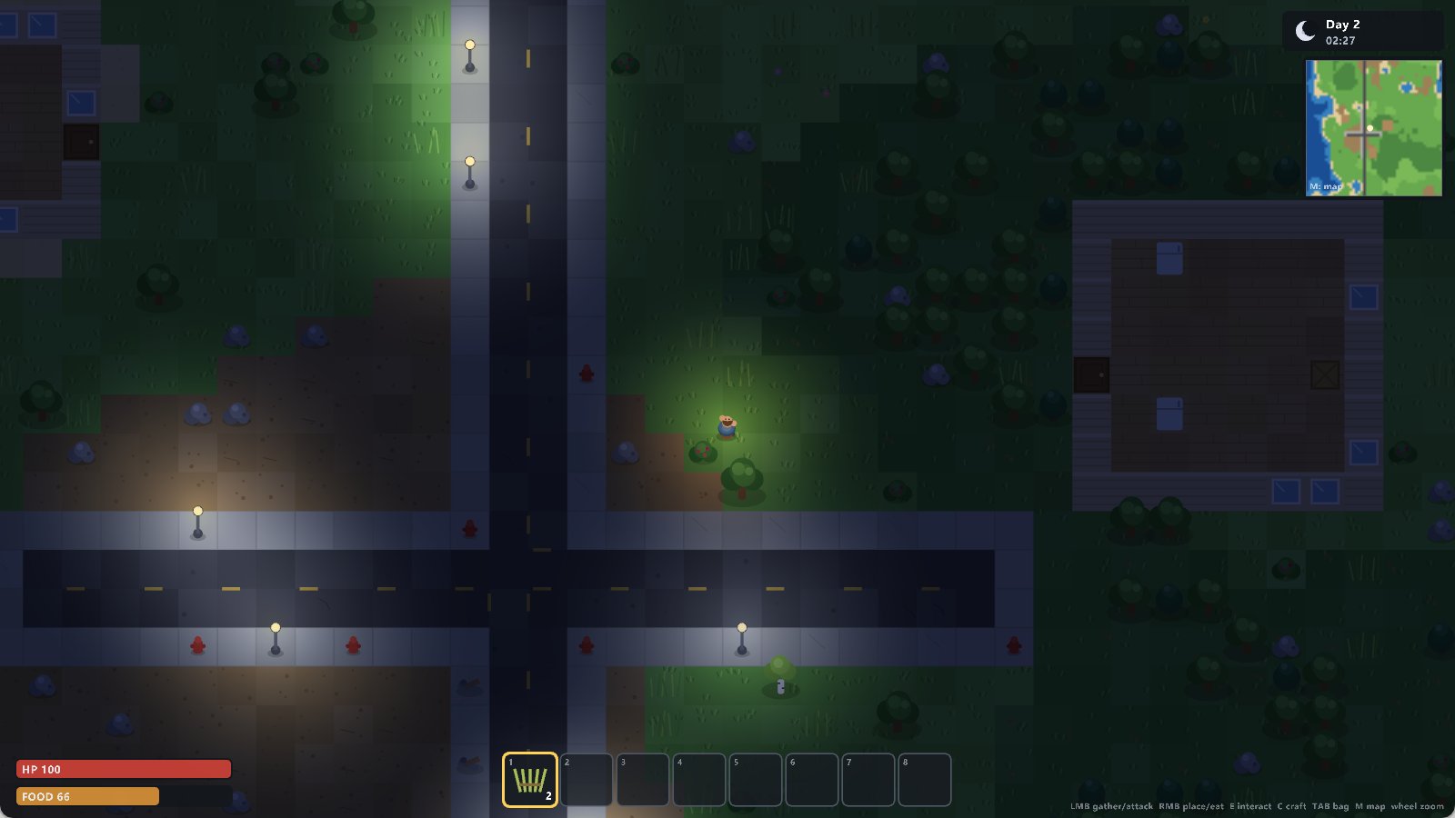 Night in town: streetlamps pooling light on the road while the survivor crosses a dark field