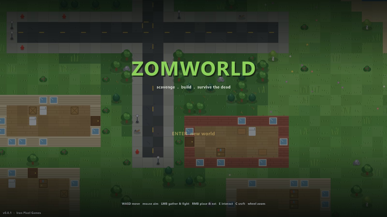 The ZomWorld title screen over a slow aerial pan of a generated town