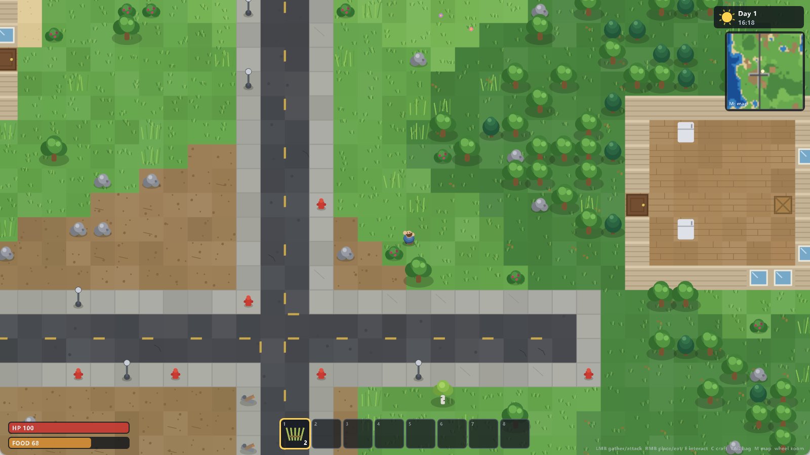 A survivor stands at a town crossroads in daylight: roads with faded lane lines, sidewalks with streetlamps and hydrants, houses you can walk into, forests and a beach beyond