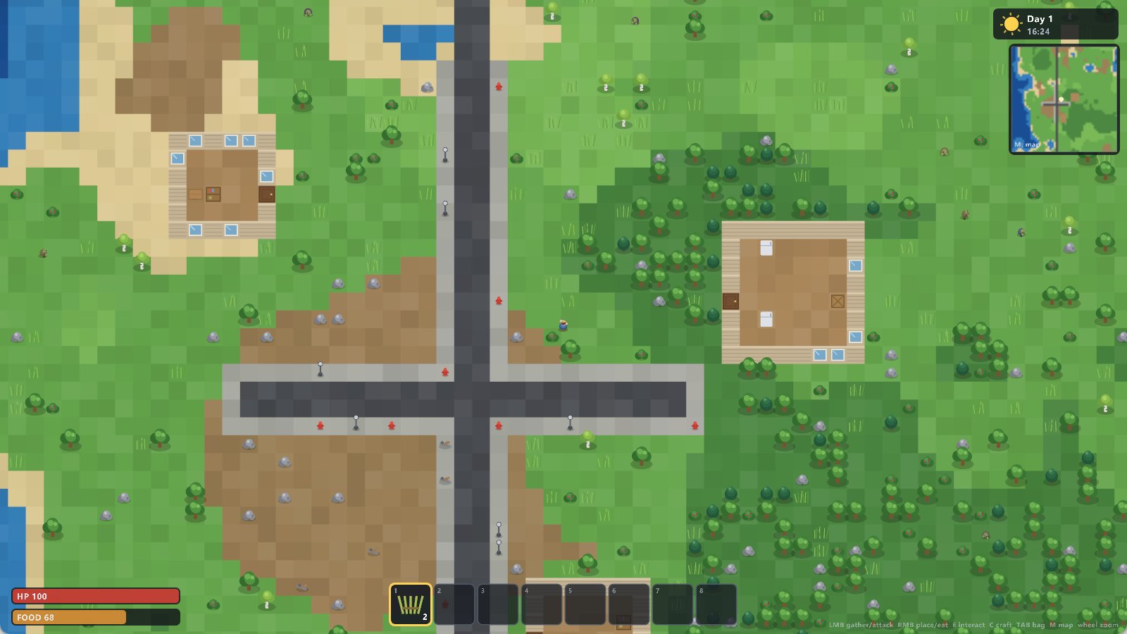 Zoomed-out view of a town: crossroads, houses, beach, forest and wandering zombies